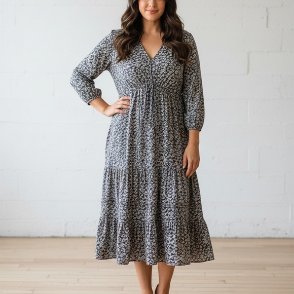 Sweet Salt Dresses & Skirts - Black & White Floral V-Neck Tiered Midi Dress